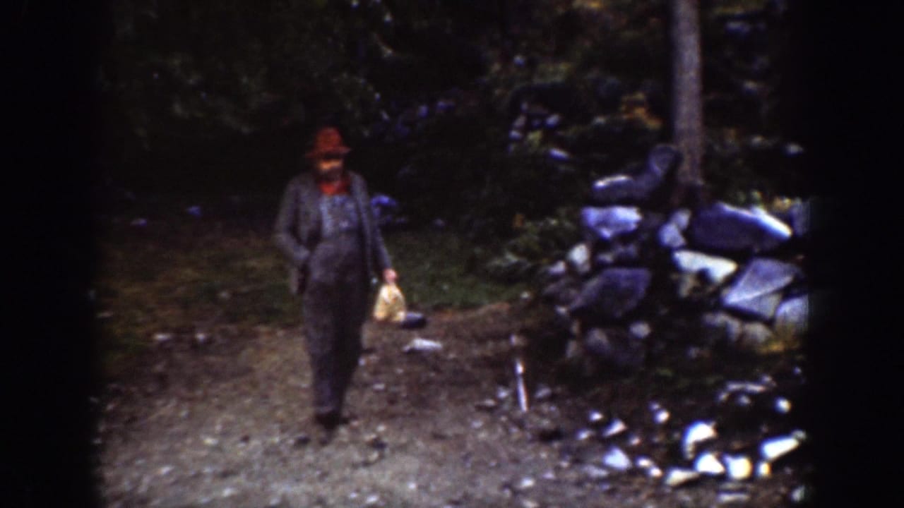 A man in a red hat and grey jacket walks through a wooded Chelan lakeside area carrying a small light-colored bag.