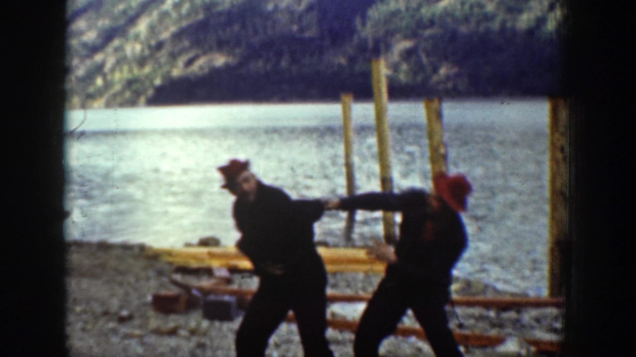 Two men tussle near wooden posts on a rocky shore with a lake in the background.