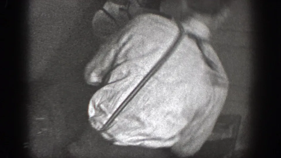 A person in a light shirt and suspenders bends forward in the dim Chelan home-movie interior, partially obscuring the background.