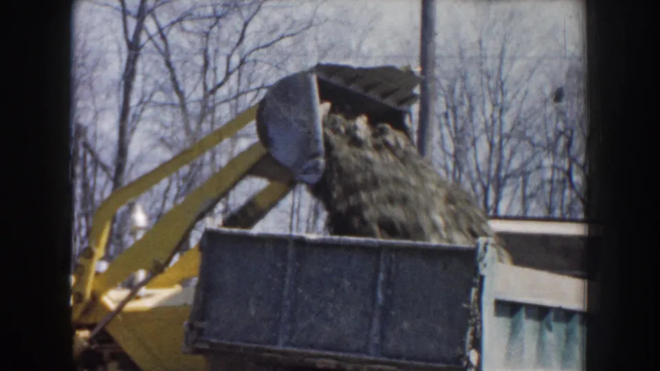 The loader bucket tips forward, pouring dirt or gravel into a blue dump truck with leafless trees in the background.