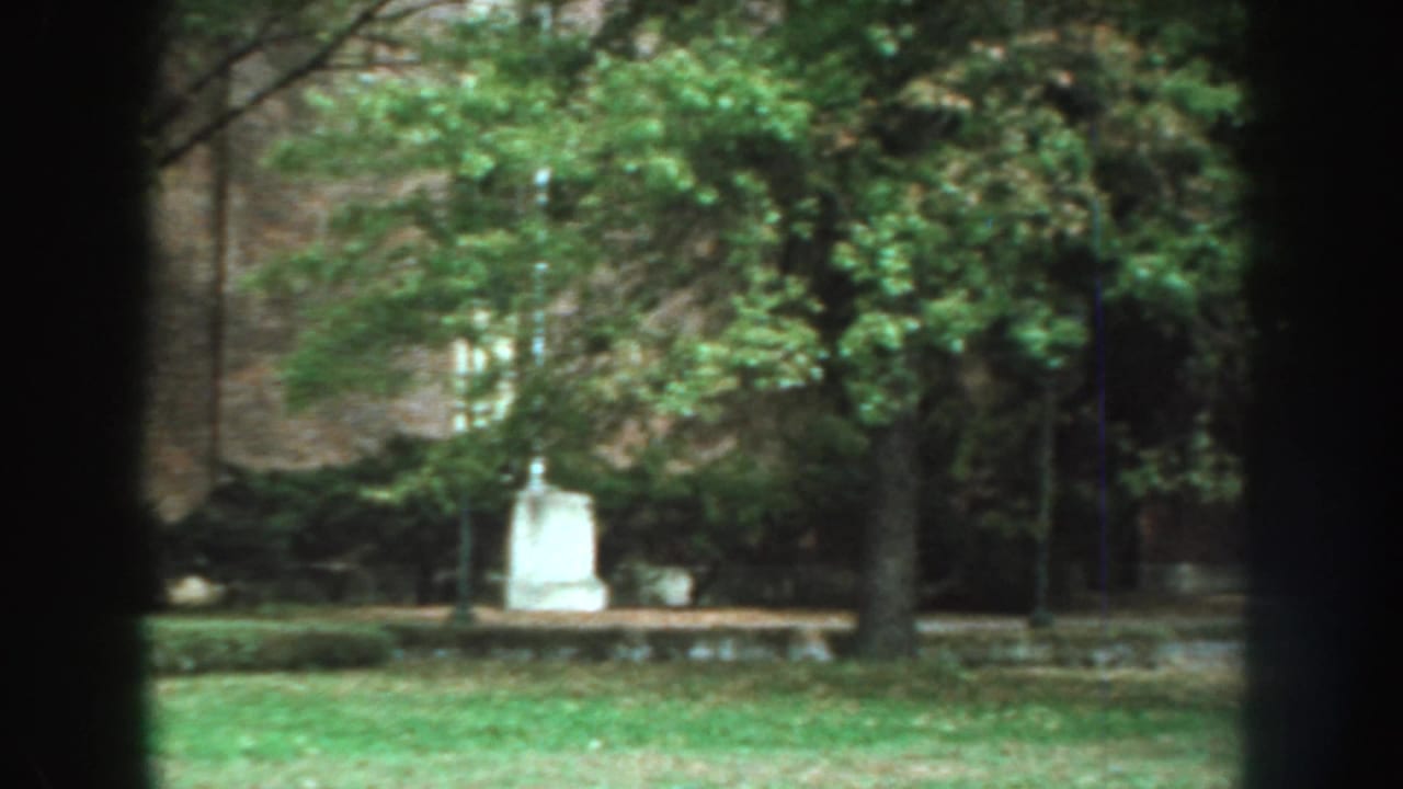 Park lawn with trees, a white monument, and dark vertical foreground framing.