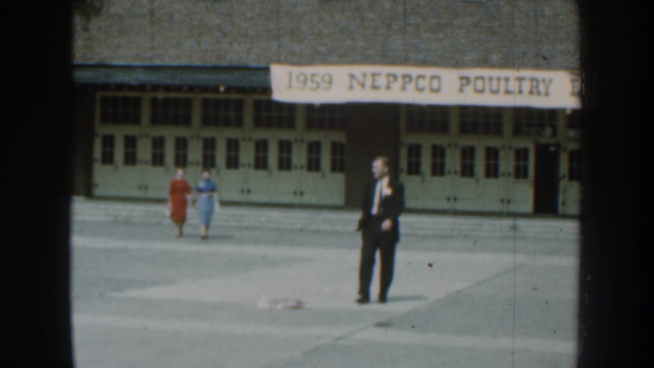 In supported 1959 Nebraska footage, adults walk across a paved area outside a building marked by a NEPPCO Poultry banner.