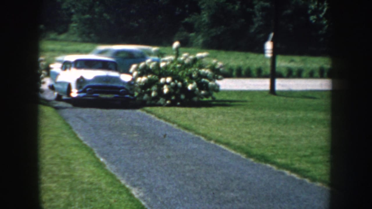 White 1950s car entering the driveway with a car passing on the road behind it.