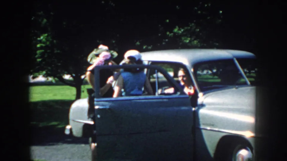 The final frame shows women around the open door of a two-tone car, with a smiling passenger visible inside.