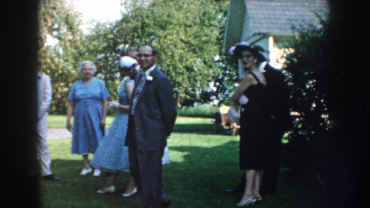 Wedding guests in formal clothing stand on a sunny lawn near a house.