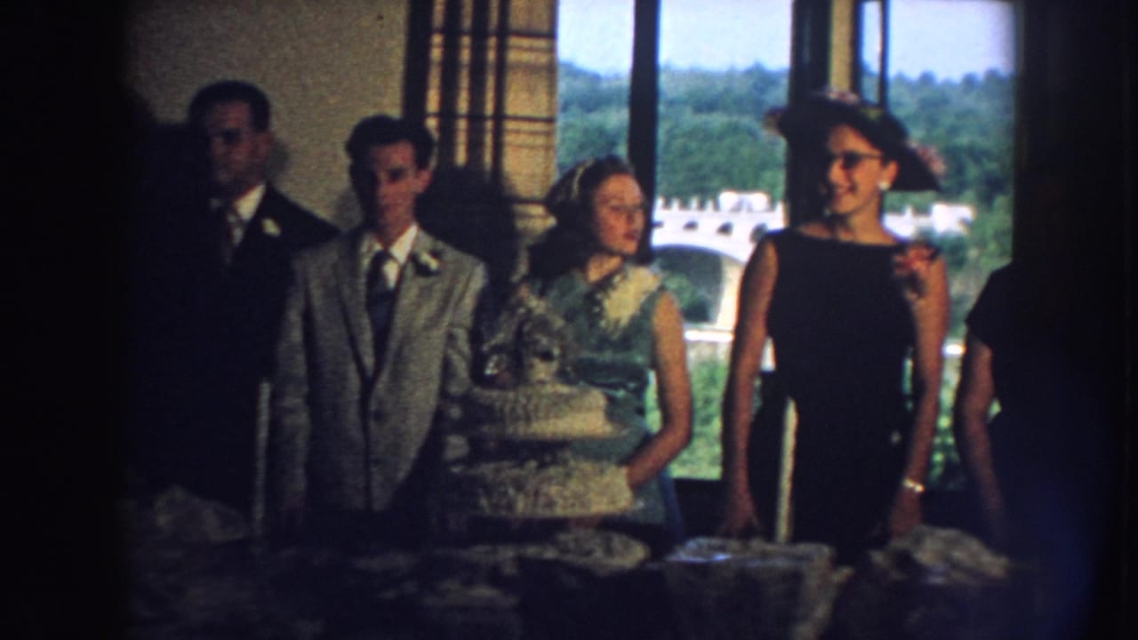 Formal guests stand behind a white two-tiered cake near tall windows.