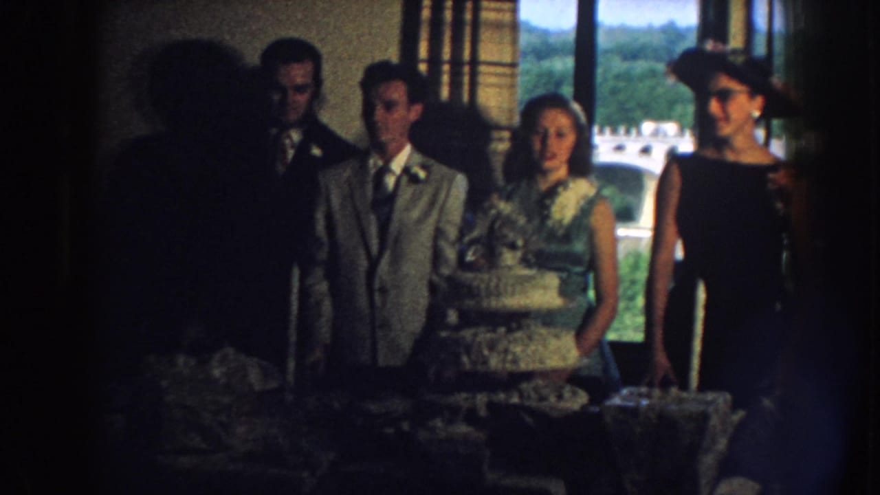 Nebraska 1959 wedding reception view with suited guests, a woman in green, and a foreground silhouette near the cake.