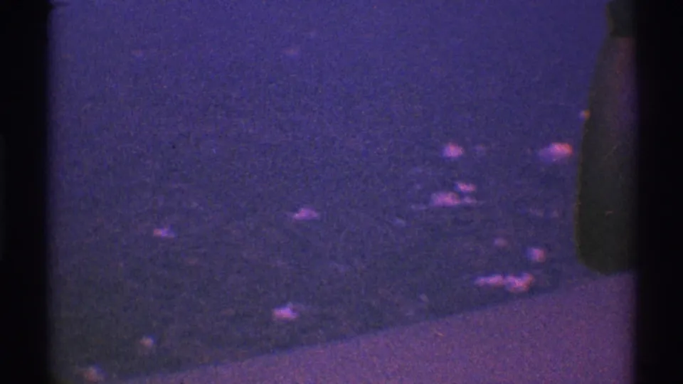 1969 8mm Los Angeles travel footage showing a dark, purple-tinted aerial view through an airplane window with faint lights below.