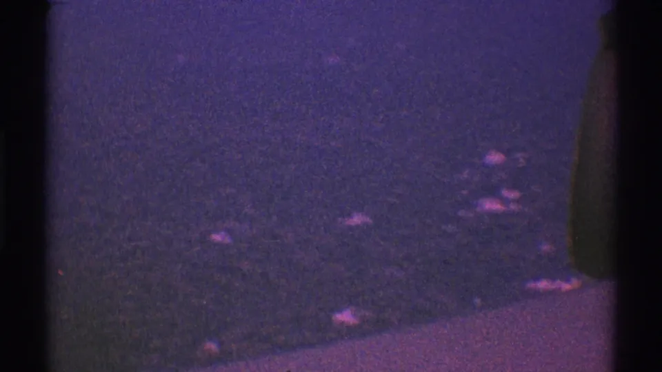 Late-1960s 8mm airplane-window view, likely over Los Angeles per metadata, with dark grain and scattered lights below.