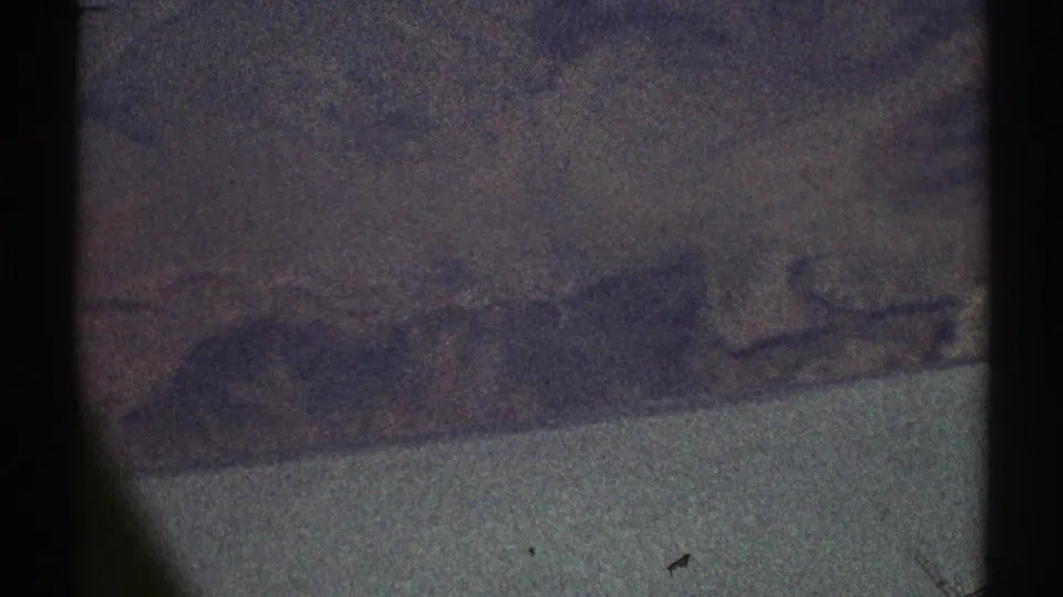 1969 8mm airplane-window view over dark, textured terrain, with a pale lower band and visible film grain.
