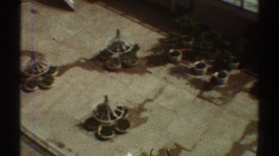 1969 Los Angeles courtyard view with circular planters, paved paths, landscaped beds, and dark window-frame bars in the foreground.