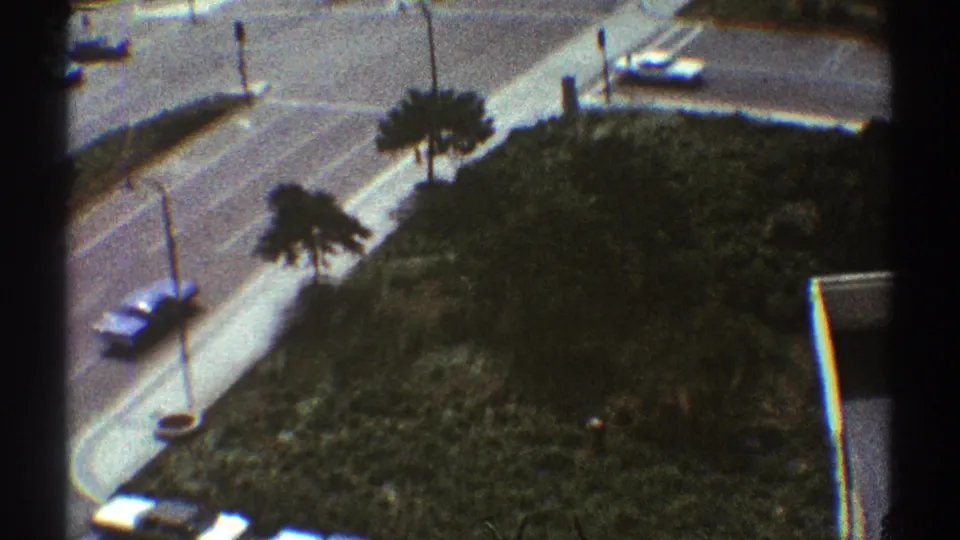 1969 Los Angeles home-movie frame showing cars on a broad road, palm trees, sidewalks, and a landscaped median from above.