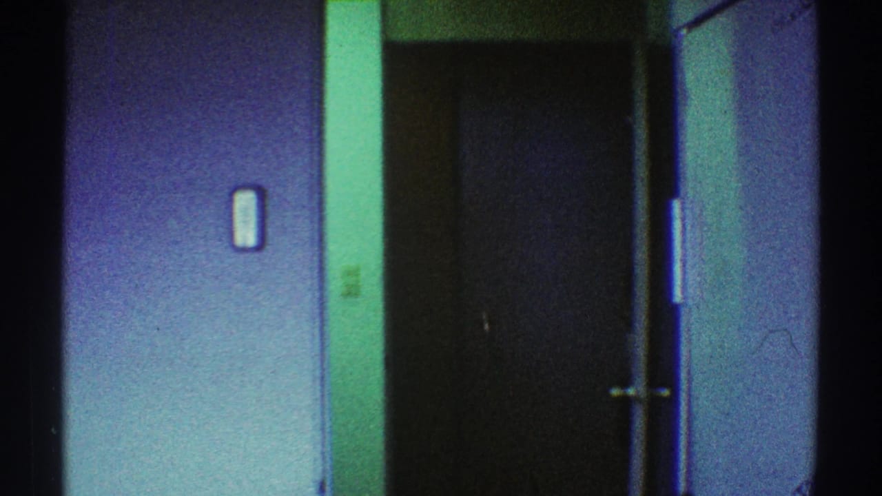 Dim interior hallway with blue wall, green door frame, dark doorway, and wall switch.