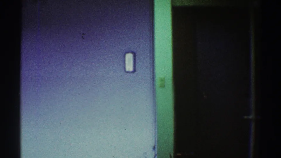 Closer interior hallway frame with a blue wall, dark doorway, green vertical trim, door handle, and wall-mounted switch.