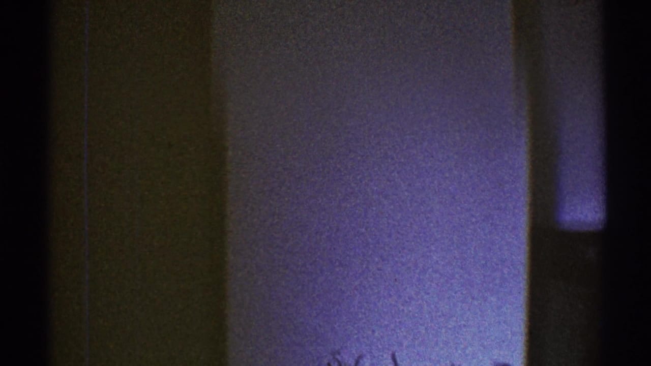 Dim interior view with dark doorway edge, brown wall, and pale purple-lit wall area.