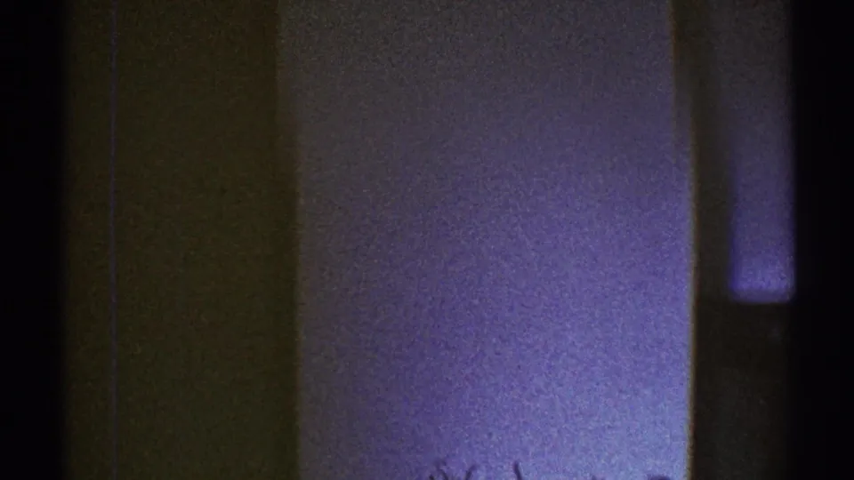 1969 Los Angeles 8mm frame showing a dim open doorway edge beside brown and pale wall surfaces with heavy grain.