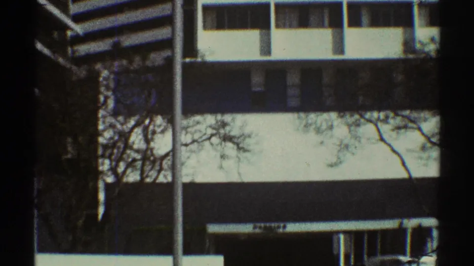 1969 Los Angeles frame showing a white office exterior, shaded window band, bare branches, and a pole in the foreground.