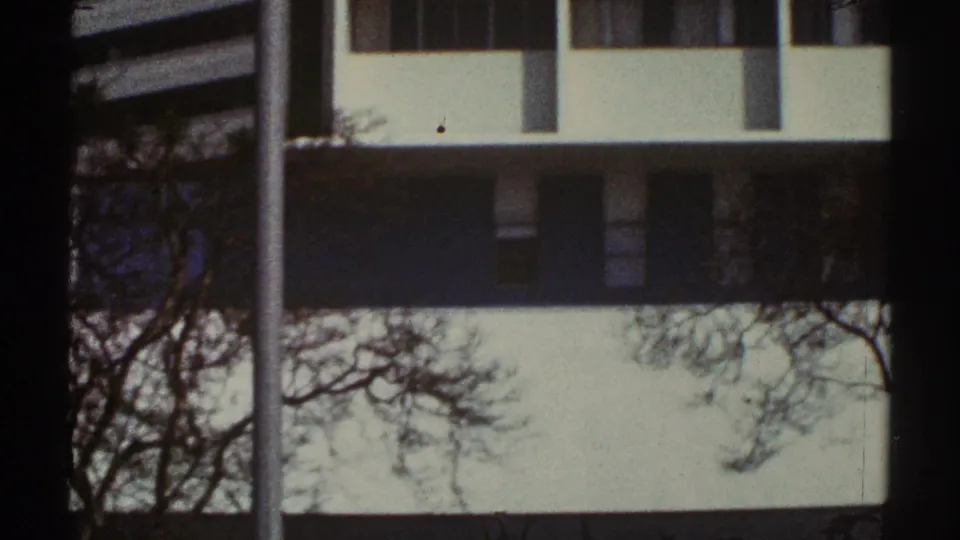 1969 Los Angeles exterior frame showing a white modernist facade, dark window band, bare tree branches, and black 8mm frame borders.