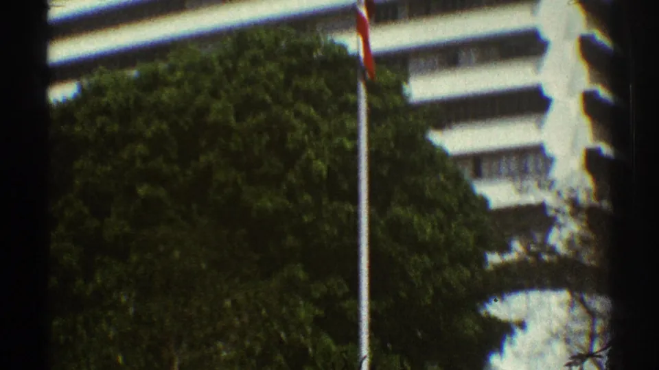 1969 Los Angeles frame showing a tall flagpole, green tree canopy, and white office buildings in the background.