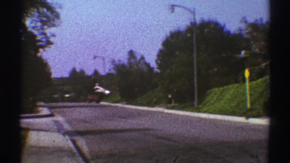 1969 Los Angeles street scene showing hedges, trees, a curb, and a street lamp under a clear sky.