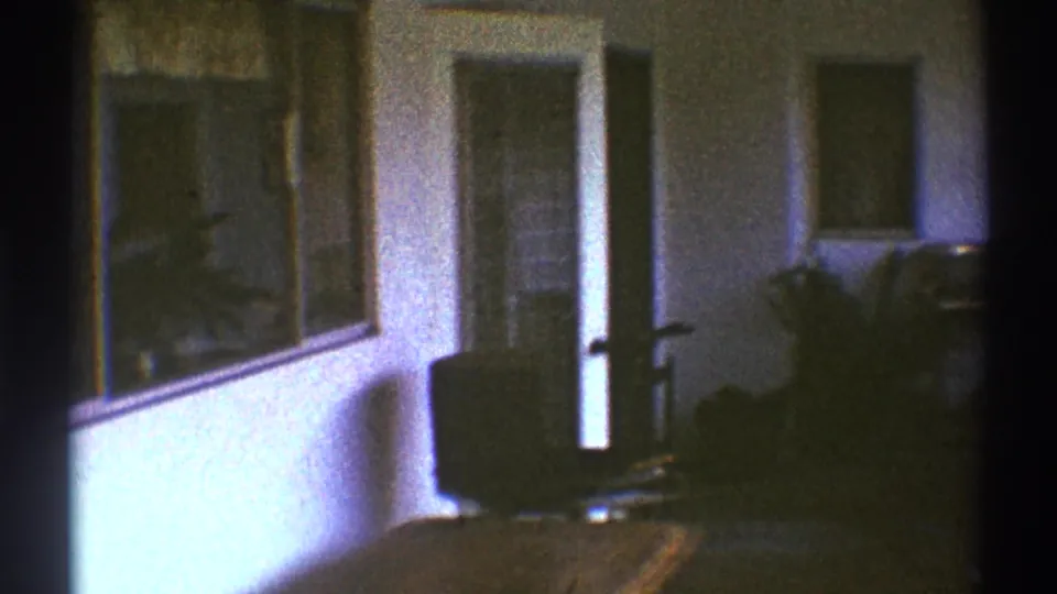 Interior 1969 Los Angeles home-movie frame showing a bright wall, window, doorway, chair, and household plant area inside a private residence.