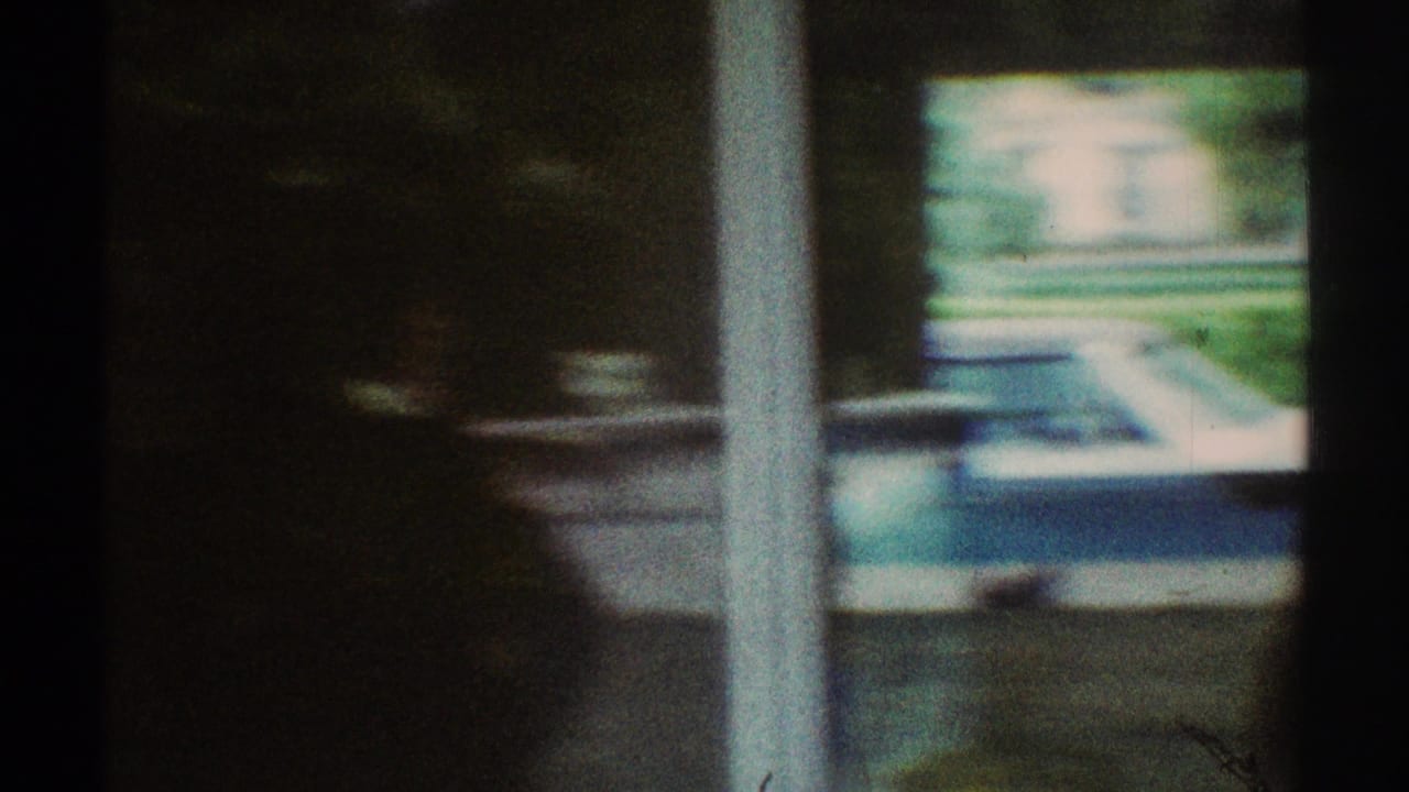 Dim view through a window toward a backyard pool and greenery.