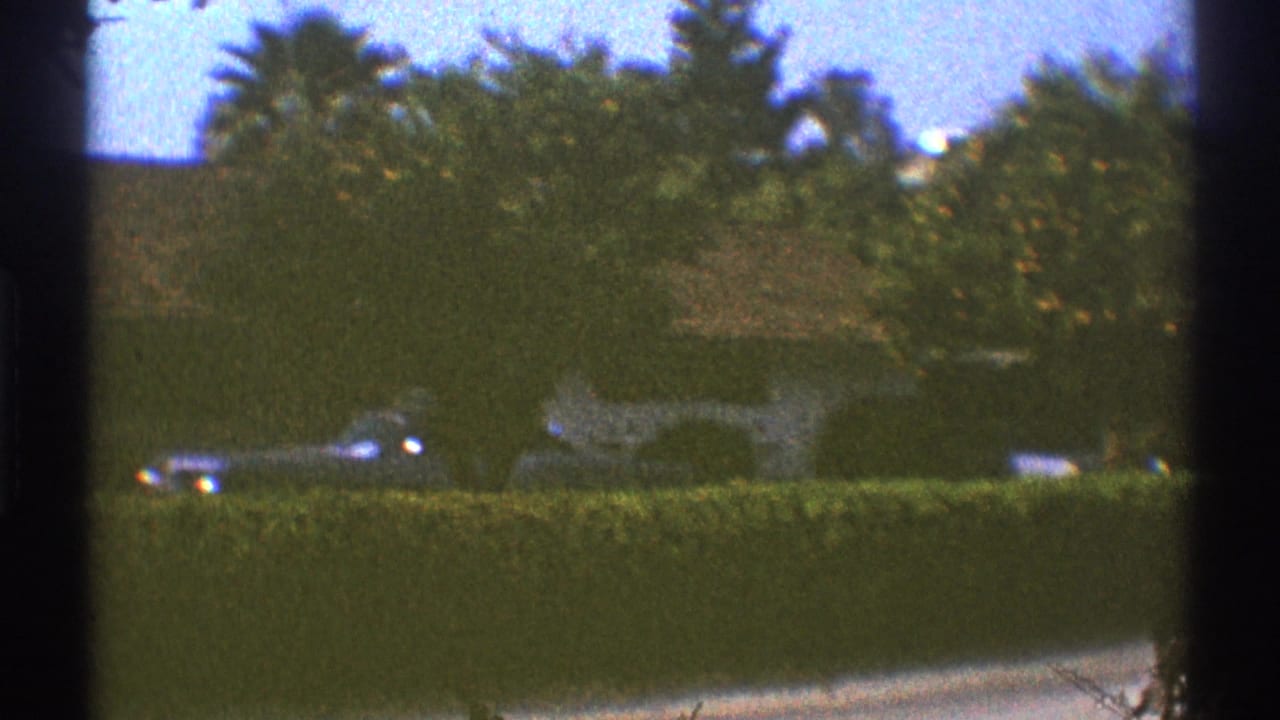 1969 Los Angeles suburban street view with hedges, trees, a car, and houses partly obscured by foliage.