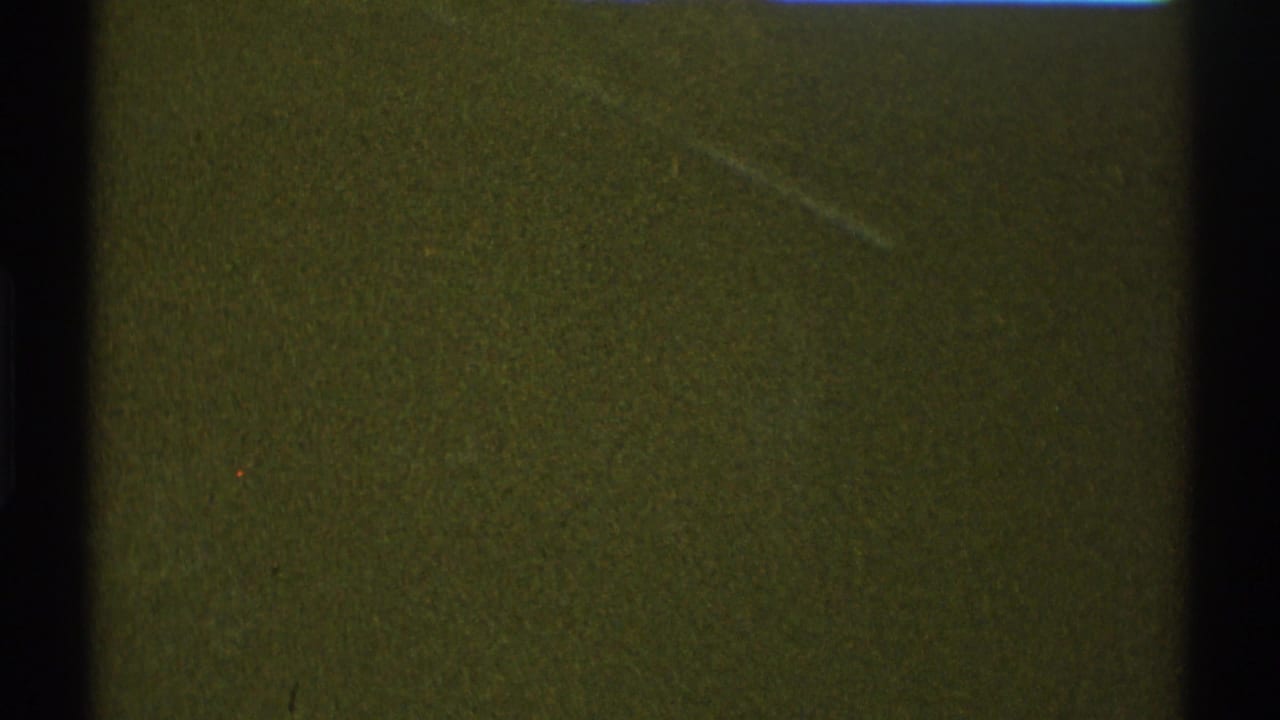 Dark green grainy film frame with black vertical borders and faint scratches.