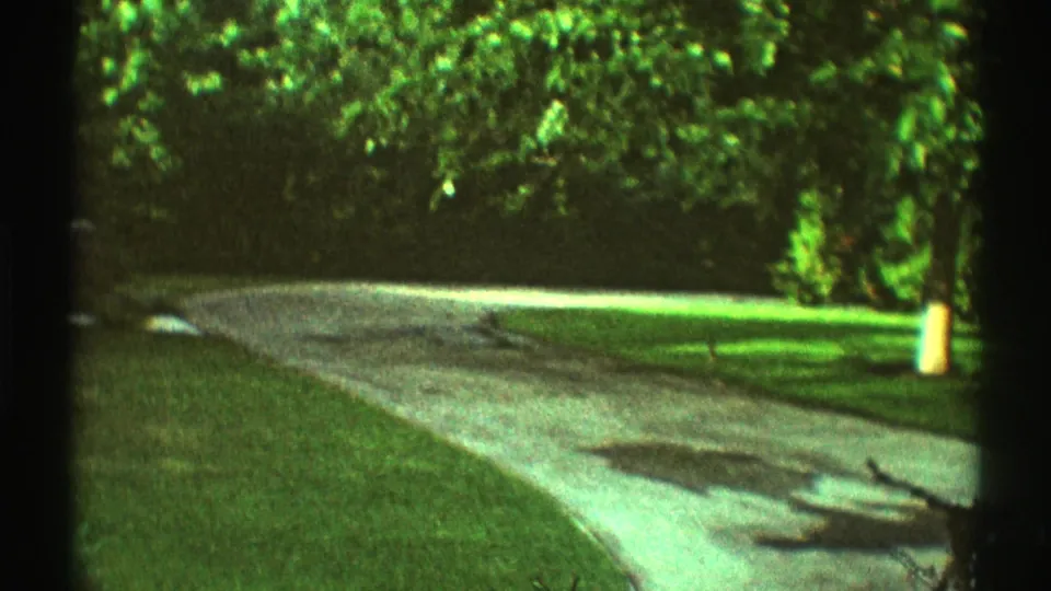 1969 Los Angeles suburban driveway with lawn, trees, bright sun patches, and a dark circular oil stain visible on the concrete.