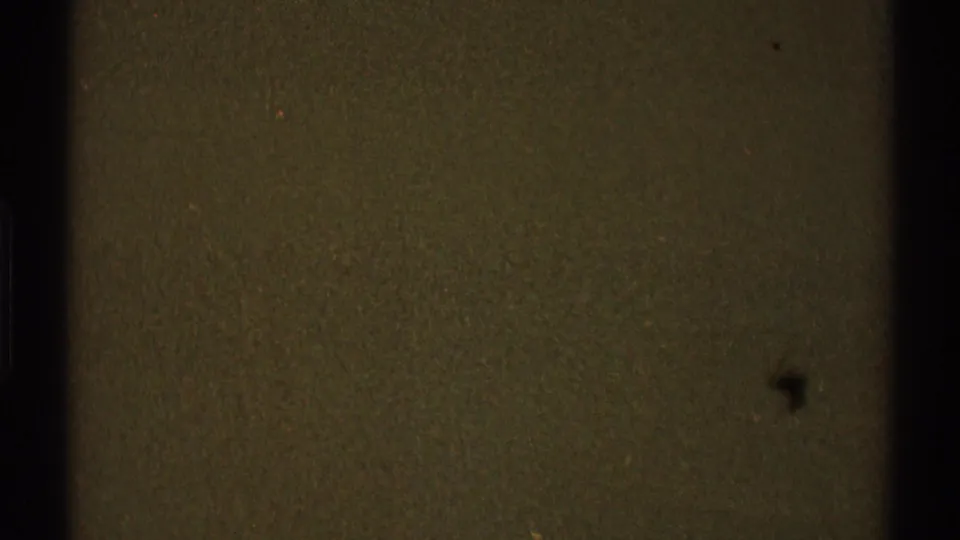 Dim 8mm film texture with olive cast, dust, scratches, edge darkness, and a small dark blotch near the lower center-right.