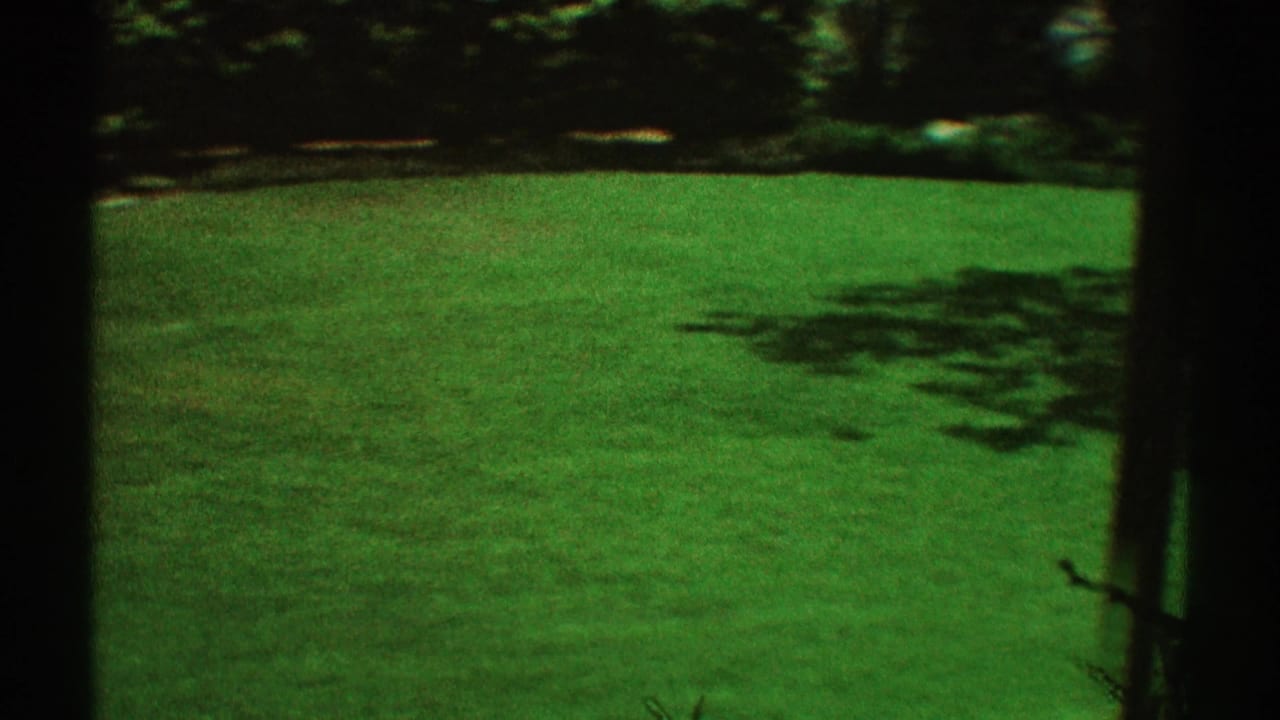 1969 Los Angeles home-movie frame showing a sunlit green lawn with tree shadows, viewed through dark vertical framing.