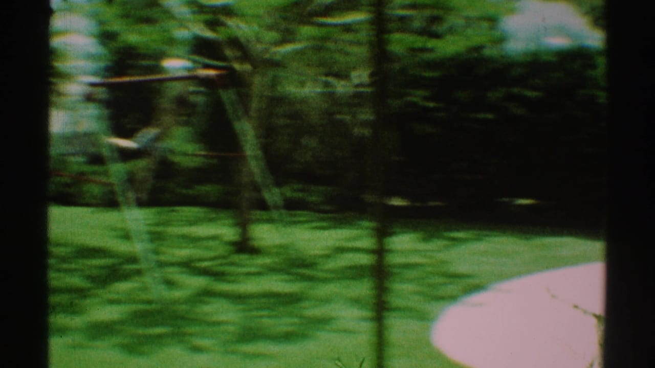 1969 Los Angeles home-movie frame showing a green lawn, swing set, trees, and a curved pale walkway near a house.