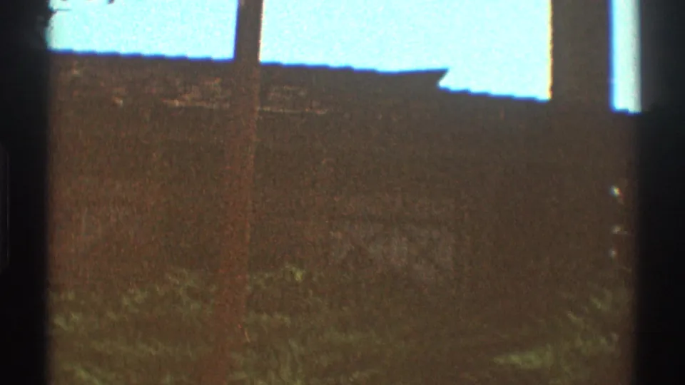 Faded 1969 Los Angeles 8mm view of a roofline, yard foliage, and a vertical pole in the foreground.