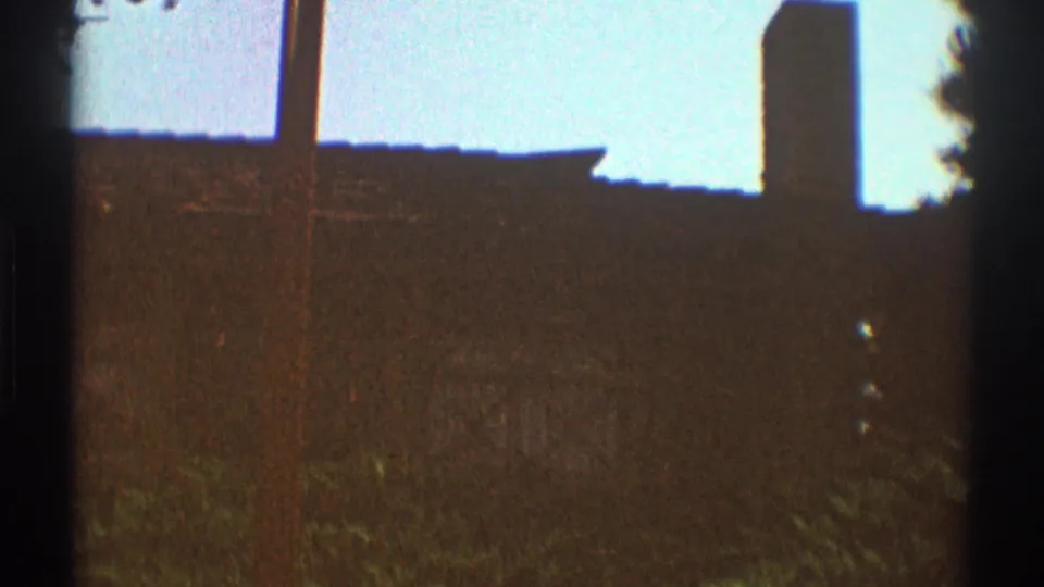 1969 Los Angeles exterior frame showing a chimney and roofline beyond foliage, with a pole against blue sky.