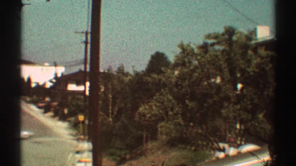 1969 Los Angeles street view with an uphill road, utility poles, trees, and cars along a quiet residential block.