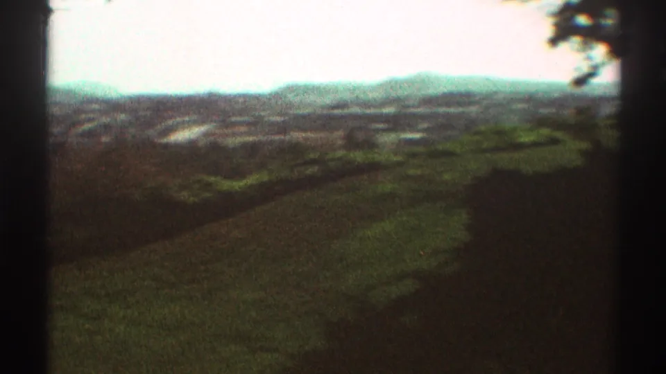 1969 8mm view from a Los Angeles overlook, with dark tree silhouettes framing rolling fields and distant mountains.