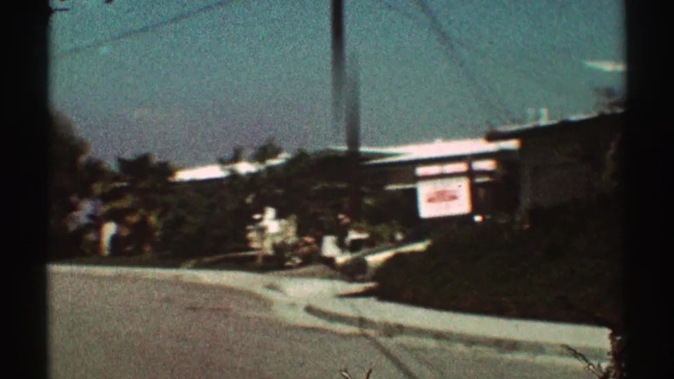 1969 Los Angeles street view with a curving curb, lawn, low houses, trees, and overhead utility lines.
