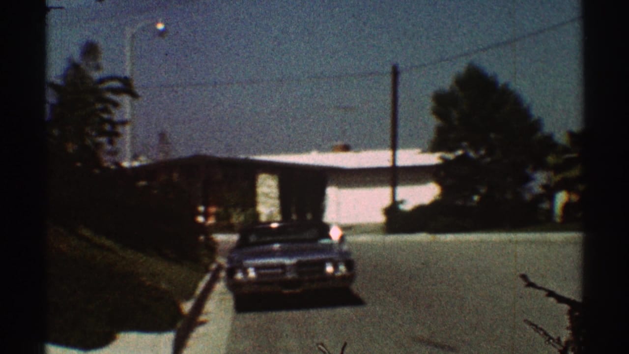 Classic sedan driving on a quiet residential street with low houses and palms.