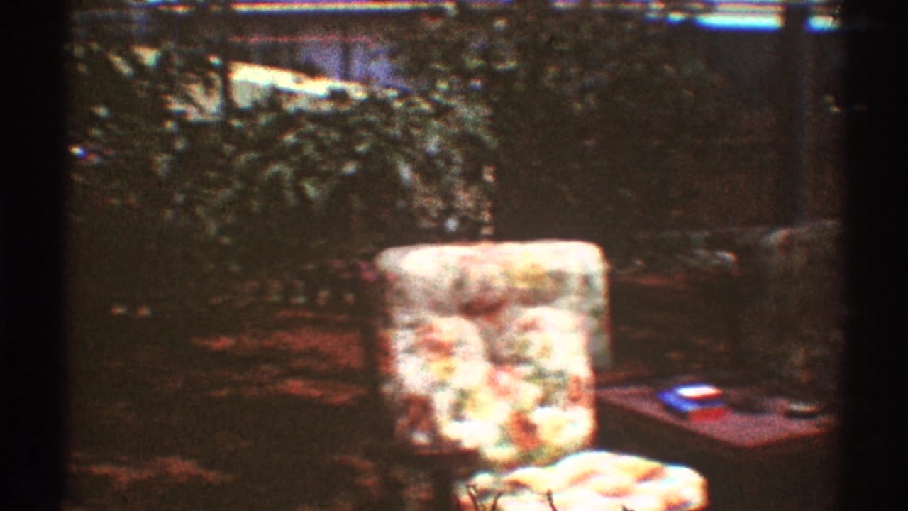 Backyard patio with floral chair, small table, shrubs, and fence.