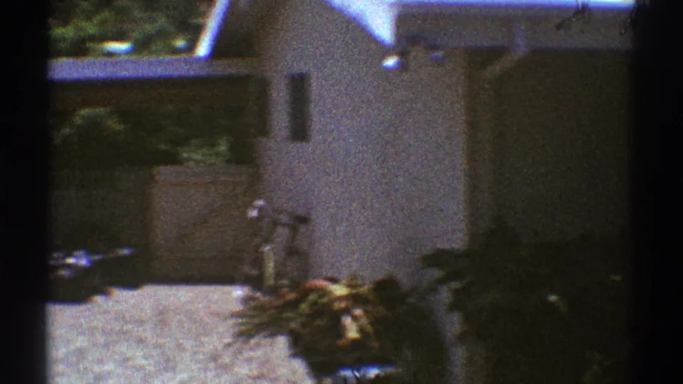 A modest Los Angeles house exterior appears, with a parked bicycle by the driveway and shrubs near the wall.