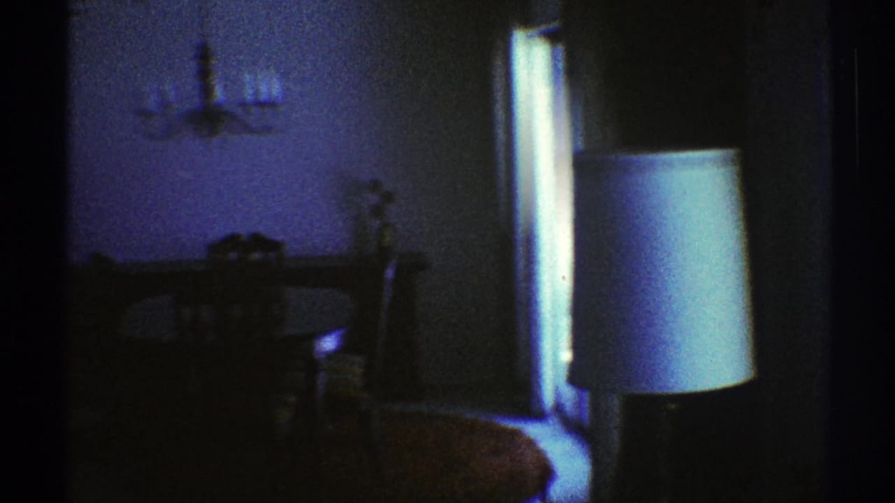 Dim interior with a table lamp, doorway, and dark dining area.