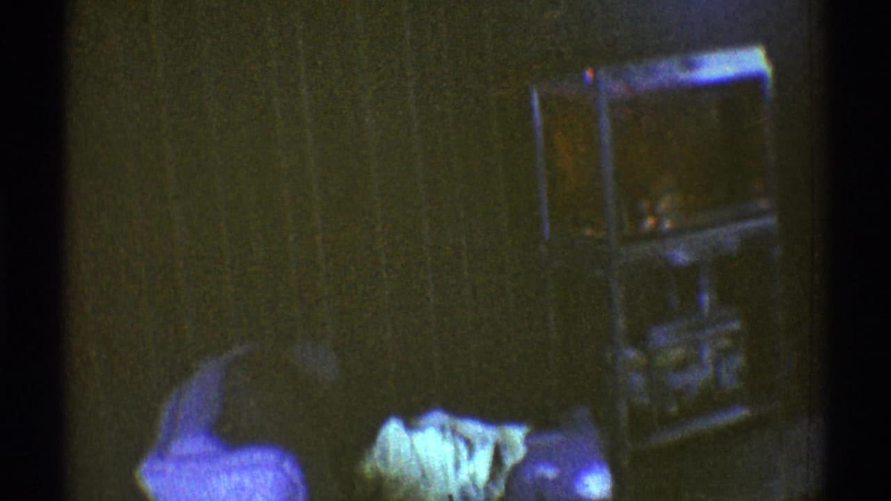 Dim interior with an upholstered chair, household shelving, and soft film blur.