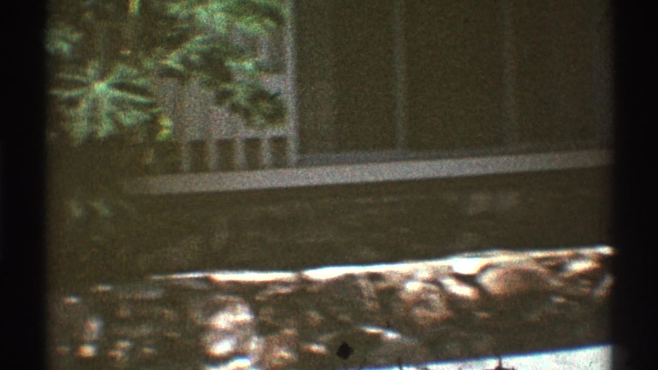 Soft-focus house exterior with windows, shaded yard, and dark film gate edges.
