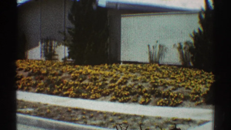 1969 Los Angeles home-movie frame of a pale house and landscaped yellow flower bed seen across a sidewalk.
