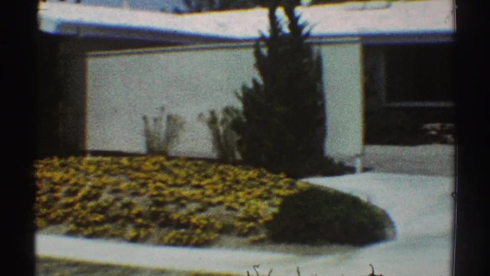 1969 Los Angeles 8mm still showing a curved driveway or walk beside a yellow flower bed and pale house exterior.