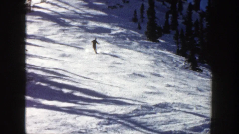 The skier continues down an Aspen slope, passing through bright snow and shadow near a stand of evergreens.