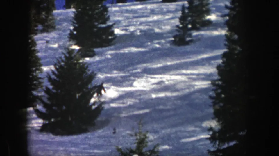 The skier drops lower on the Aspen slope, partly hidden by evergreens in a grainy 1961 8mm home-movie frame.