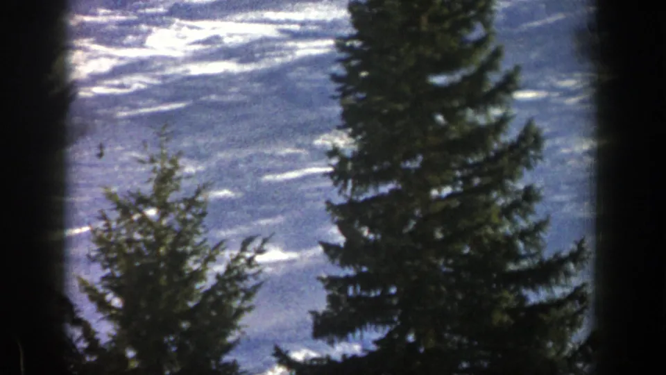 1961 Aspen home-movie frame showing a skier partly obscured near the lower edge, with snowy terrain and tall evergreens in view.