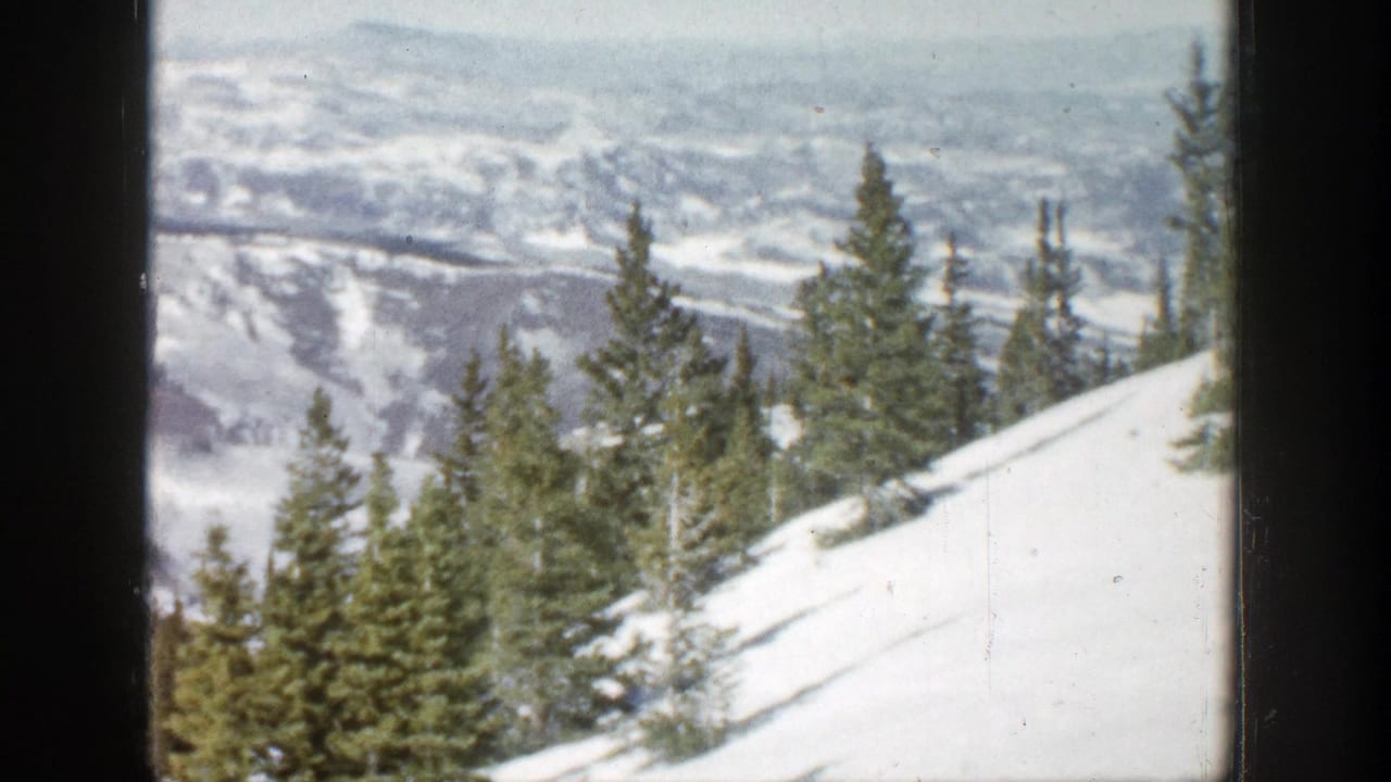 Snowy mountain slope with evergreen trees and distant ridges beyond the film-frame edge.
