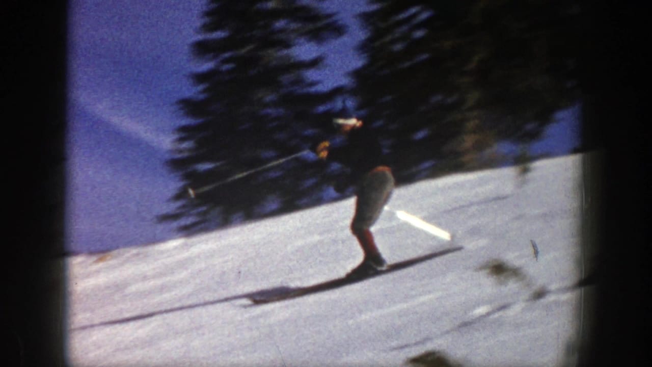Skier leaning downhill on snow with trees in the background.